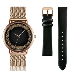 Set Montre Femme 2 Bracelets Coral en Acier & Cuir rose doré/noir