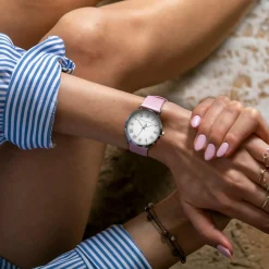 Set Montre Femme 2 Bracelets Grand Blanc en Acier & Cuir argenté/rose