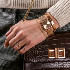 Set Montre Femme 2 Bracelets Gold Plaza en Acier & Cuir rose doré/noir