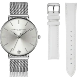 Set Montre Femme 2 Bracelets Capsule en Acier & Cuir argenté/blanc