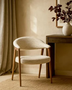 Soria - Chaise salle à manger en tissu beige piétement finition bois blanchi