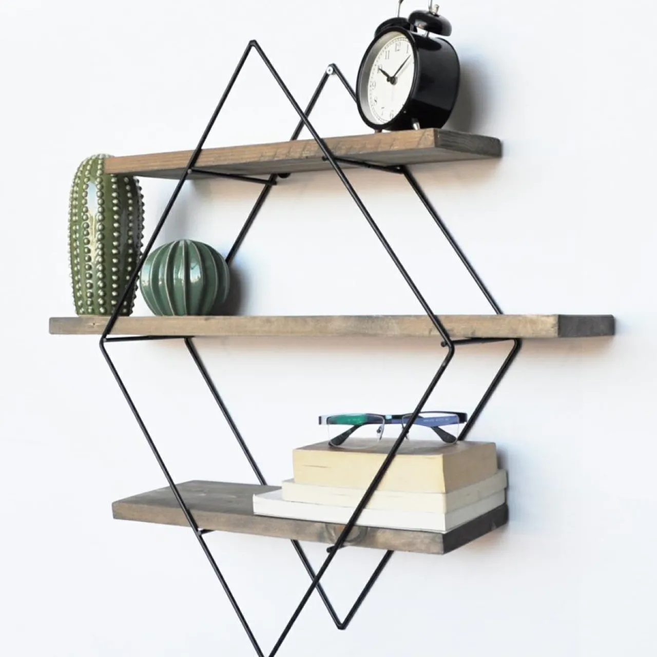 Étagère 3 étages losange noyer/noir - 62x42x15 cm