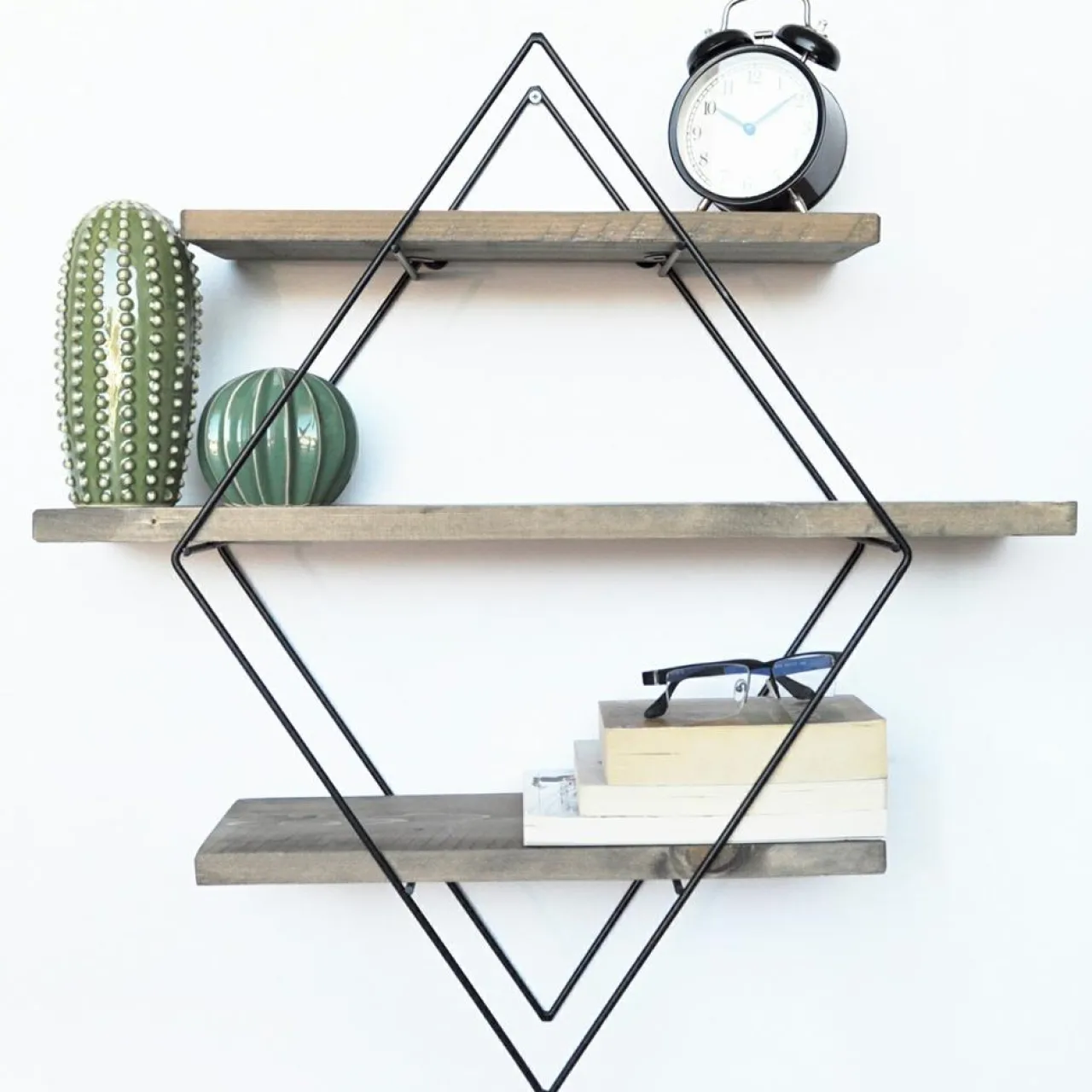 Étagère 3 étages losange noyer/noir - 62x42x15 cm