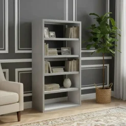 Étagère ouverte 5 niveaux en acacia massif et plaquage Gris argent - 120x55x220 cm