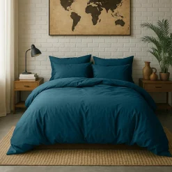 Taie d'oreiller avec volant en percale de coton lavé bleu imperial