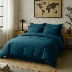 Taie d'oreiller avec volant en percale de coton lavé bleu imperial