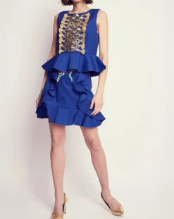 Top Crêpe sequins pompons encre