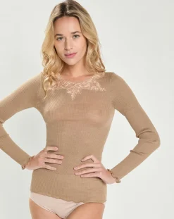 Top en laine et soie manches longues beige