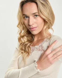 Top en laine et soie manches longues blanc