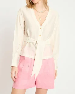 Top en Lin mélangé ceinturé écru