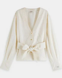 Top en Lin mélangé ceinturé écru