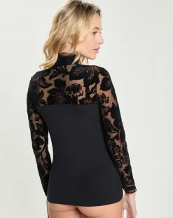 Top en micromodal dentelle manches longues noir