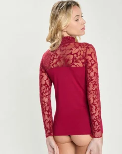 Top en micromodal dentelle manches longues rouge