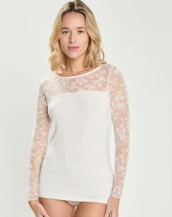 Top en micromodal dentelle manches longues naturel