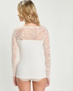 Top en micromodal dentelle manches longues naturel