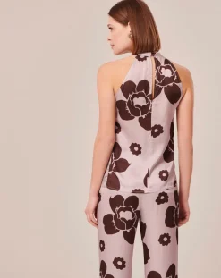 Top imprimé fleuri en satin parme