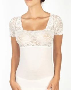 Top manches courtes en Laine mélangée dentelle ivoire