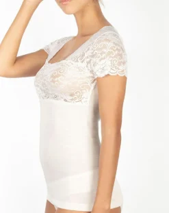 Top manches courtes en Laine mélangée dentelle ivoire