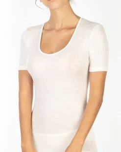 Top manches courtes Laine & Soie tissée ivoire