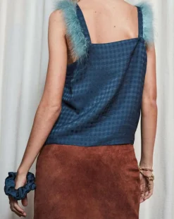 Top vichy détails plumes bleu marine