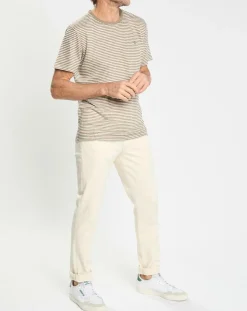 T-Shirt 100% Lin Regular Fit Bat à rayures beige foncé