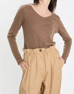 T-Shirt Col V en Coton flammé kaki