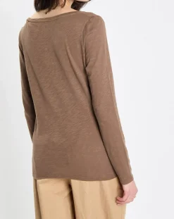 T-Shirt Col V en Coton flammé kaki