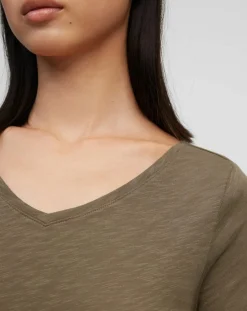 T-Shirt Col V en Coton flammé kaki