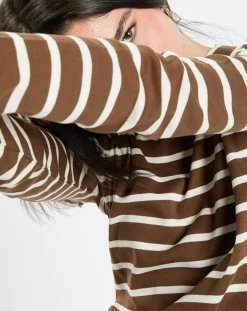 T-Shirt en Coton mélangé Turtle rayé écru/marron