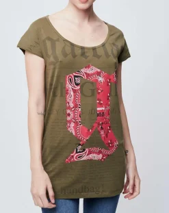 T-Shirt imprimé kaki foncé/rouge