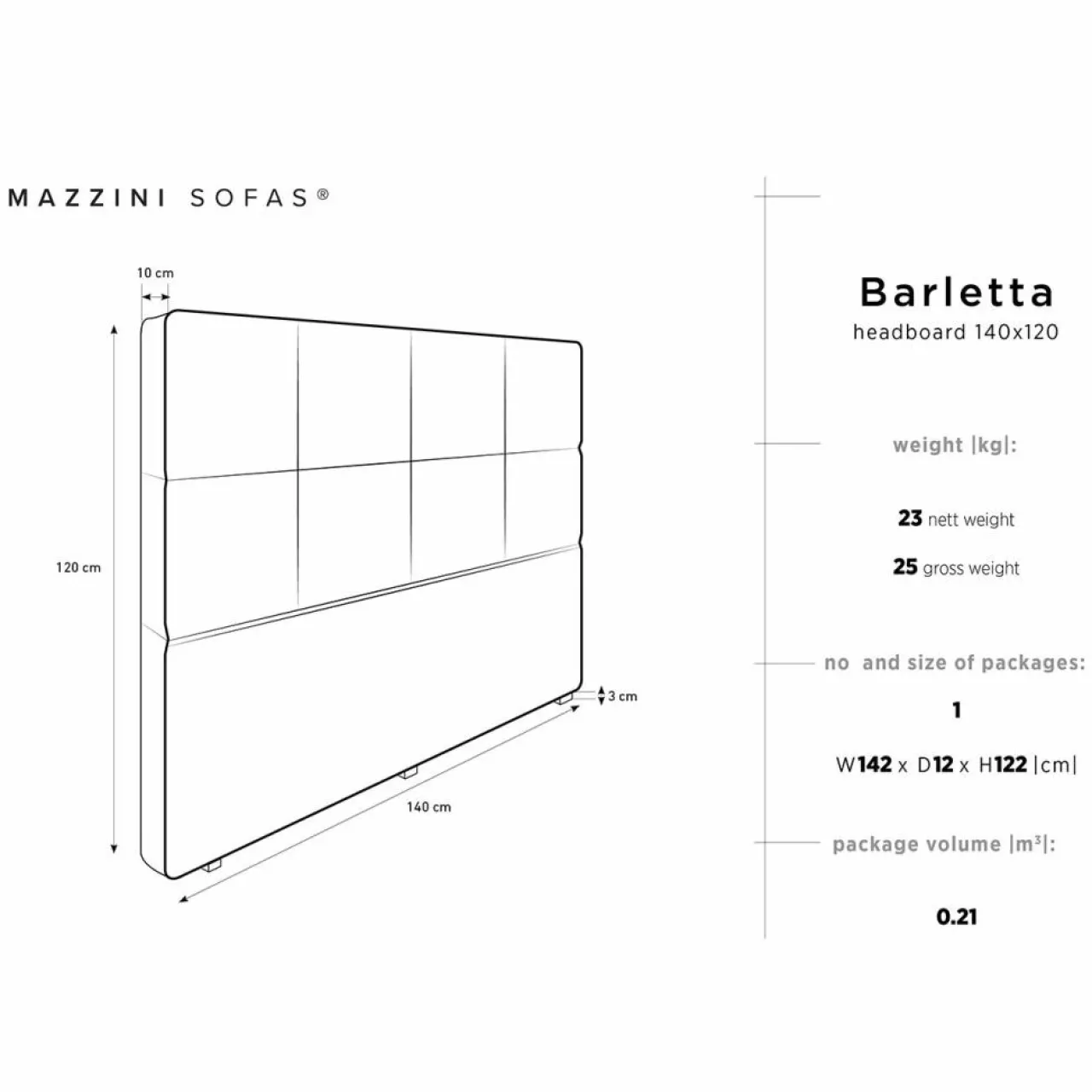 Tête de lit Barletta noire - 140x120 cm