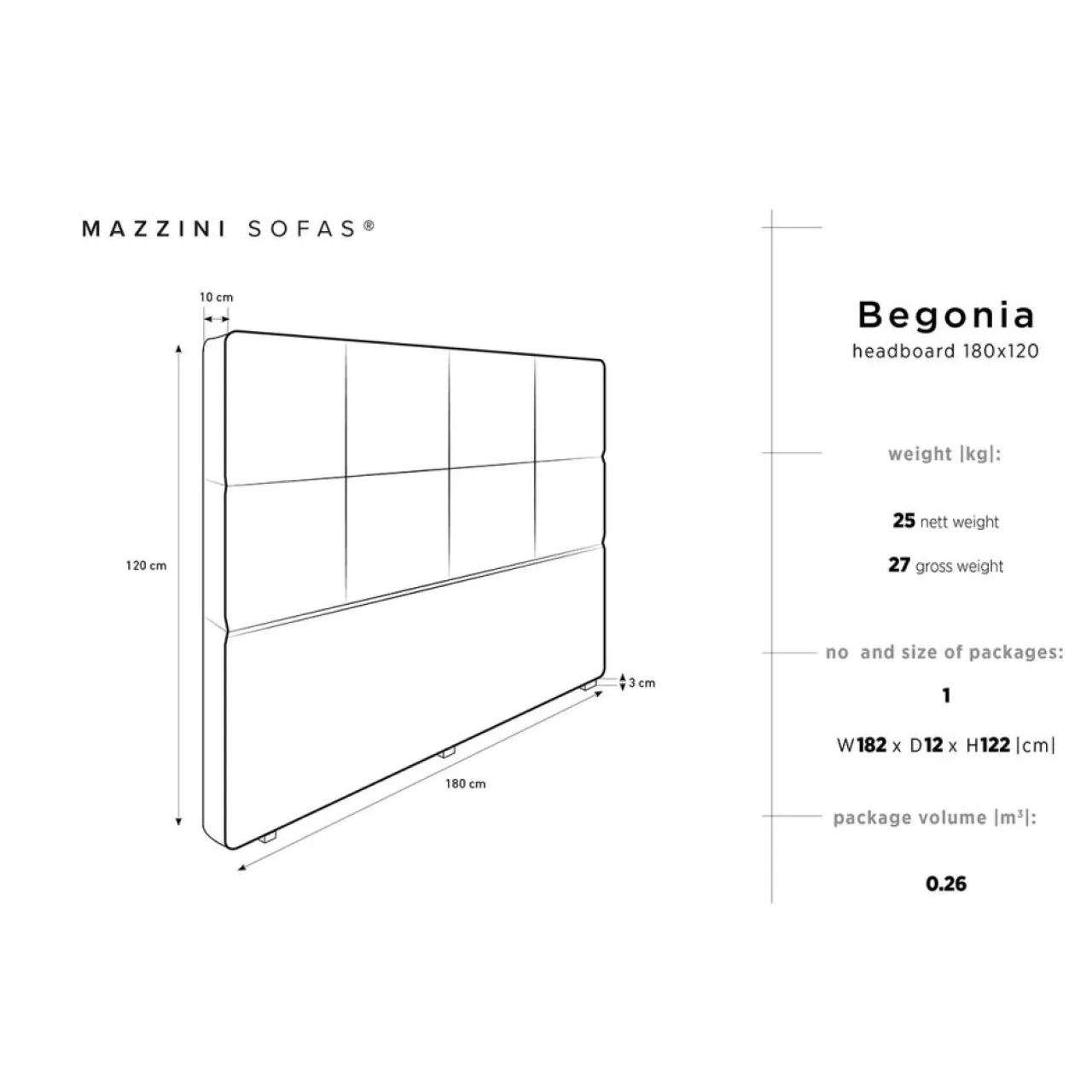 Tête de lit en Velours Begonia gris foncé - 180 cm