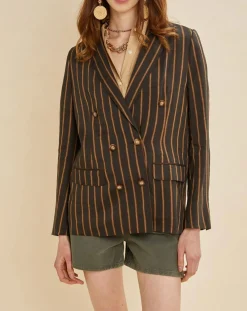 Veste blazer en Lin mélangé Valeria rayée kaki