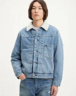 Veste courte en Coton denim col façon sherpa Trucker bleue