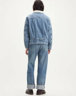 Veste courte en Coton denim col façon sherpa Trucker bleue