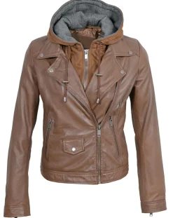 Veste en Cuir à capuche Cloelia cognac