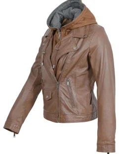 Veste en Cuir à capuche Cloelia cognac