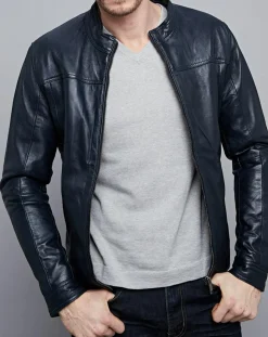 Veste en Cuir Raphaël bleu marine