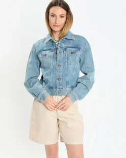 Veste en jean courte à boutons bleue