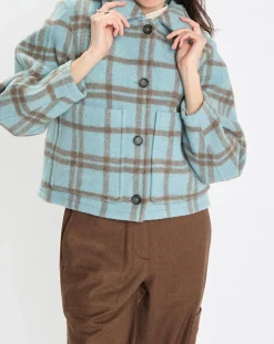Veste en Laine mélangée à carreaux Cropped bleue